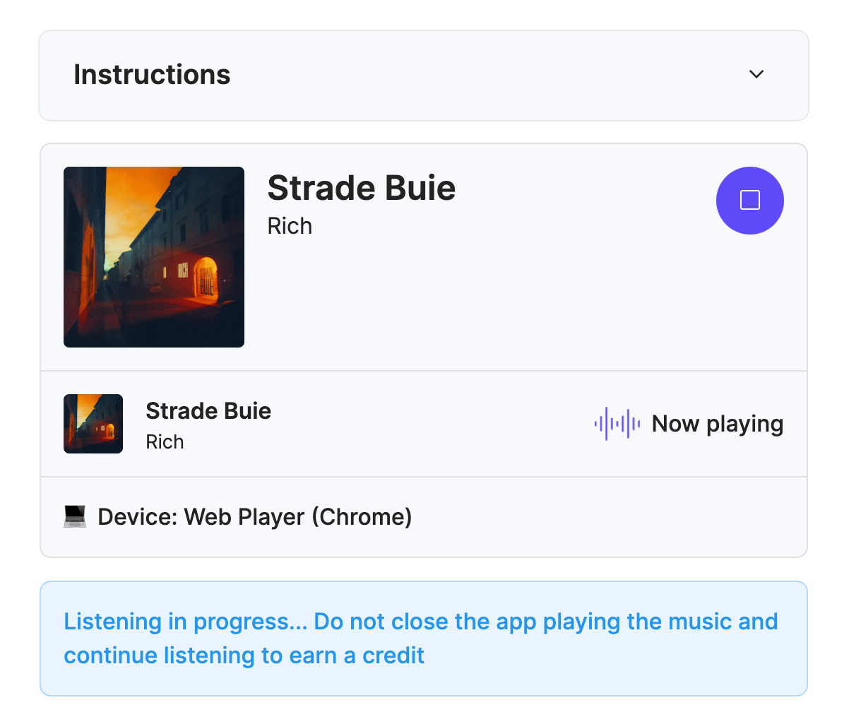 "VIP PLAYS" section, where users have the opportunity to earn €1 in credits for every track they listen to for at least 40 seconds.