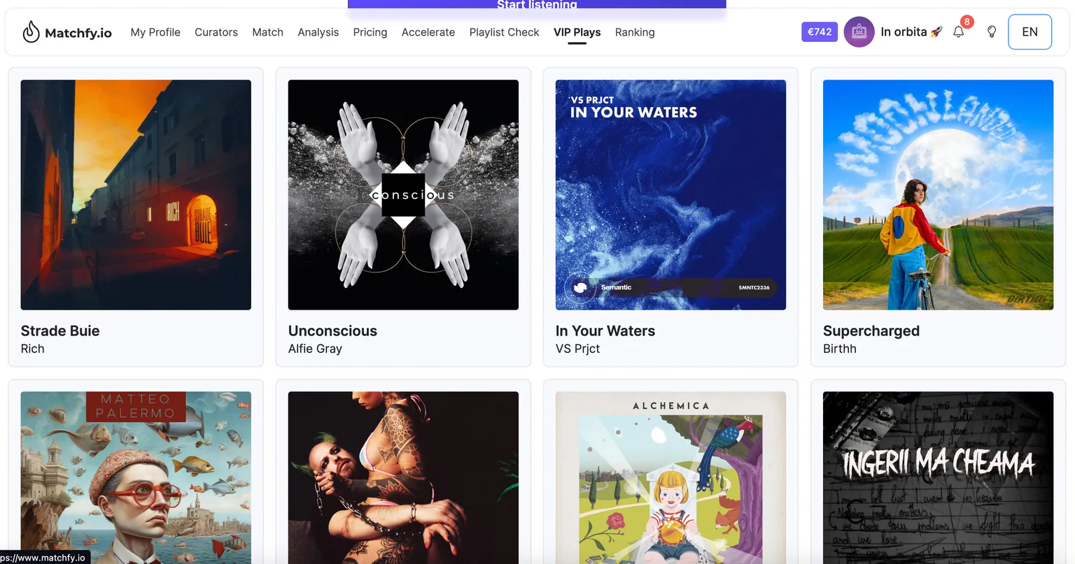 "VIP PLAYS" section, where users have the opportunity to earn €1 in credits for every track they listen to for at least 40 seconds.